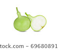 whole and half cut fresh green calabash on white background 69680891
