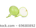 whole and half cut fresh green calabash on white background 69680892