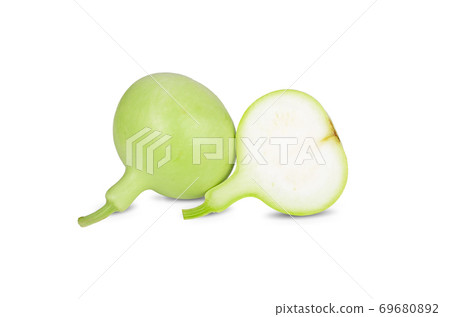 whole and half cut fresh green calabash on white background whole and half cut fresh green calabash on white background 69680892