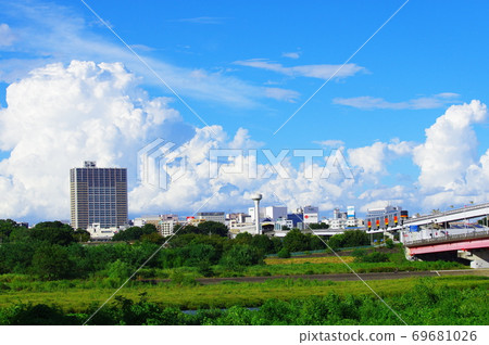 Tama city monorail seen from Tama River Tama city monorail seen from Tama River 69681026