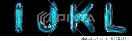 Realistic 3D set of letters I, J, K, L made of low poly style. Collection symbols of low poly style blue color glass isolated on black background 3d 69681884
