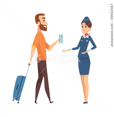Man with fly ticket. Cartoon guy going on plane board with luggage. Stewardess and passenger, isolated vector characters Man with fly ticket. Cartoon guy going on plane board with luggage. Stewardess and passenger, isolated vector characters 69682087