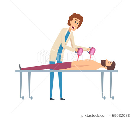 Heart failure. Electroshock, ambulance. Nurse and man in hospital bed. First aid or emergency vector illustration 69682088