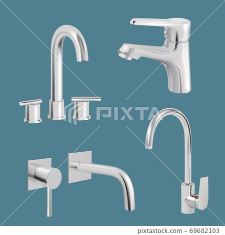 Water tap realistic. Aqua chrome kitchen utensil vector tap 69682103