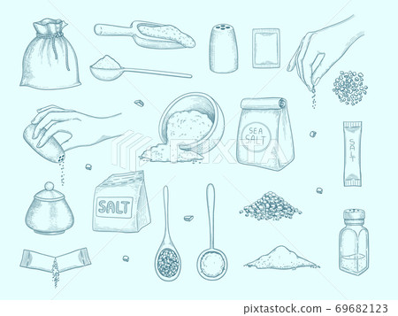 Salt collection. Ingredient for food hands with salt shaker kitchenware items for preparing food peppers vector hand drawn set Salt collection. Ingredient for food hands with salt shaker kitchenware items for preparing food peppers vector hand drawn set 69682123