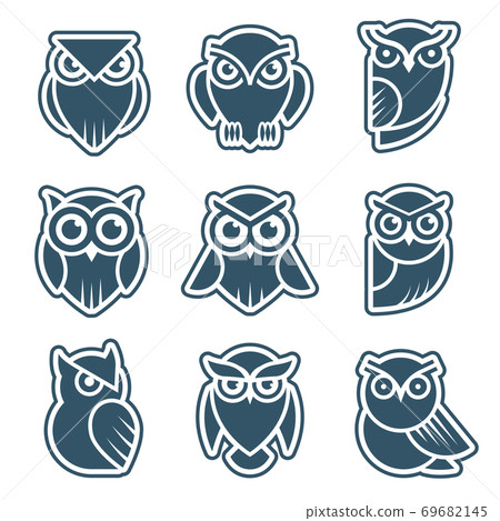 Owl logo. Stylized wild animal symbols bird face with feathers vector modern identity templates 69682145