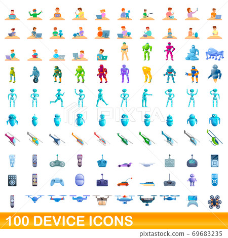 100 device icons set, cartoon style 100 device icons set, cartoon style 69683235