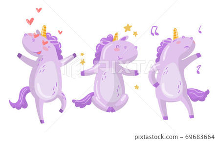 Funny Purple Unicorn Sitting and Singing Vector Illustration Set 69683664