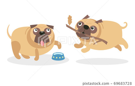 Cute Pug Hanging out Tongue and Running with Stick in the Mouth Vector Set 69683728