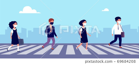 Children keep distance. Students go to school in white protective masks. Protection from viruses, social medical safety in college for kids vector illustration Children keep distance. Students go to school in white protective masks. Protection from viruses, social medical safety in college for kids vector illustration 69684208