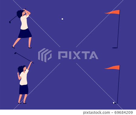 Business goal. Woman play in golf, successful project or investments metaphor. Manager with golf club, ball hits target and girl win vector illustration 69684209