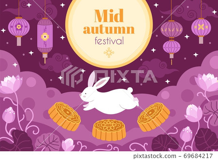 Asian autumn festival. Night fest, full moon light chinese holiday banner. Asian floral branch, mooncake and cute bunny vector illustration Asian autumn festival. Night fest, full moon light chinese holiday banner. Asian floral branch, mooncake and cute bunny vector illustration 69684217