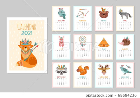 Cute animal calendar 2021. Kid animals, forest tribal wildlife posters. Monthly schedule arctic fox bear deer raccoon vector illustration Cute animal calendar 2021. Kid animals, forest tribal wildlife posters. Monthly schedule arctic fox bear deer raccoon vector illustration 69684236