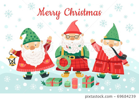 Gnomes christmas characters. Funny dwarfs, smiling men on snow background. Nordic season background, winter greetings vector illustration Gnomes christmas characters. Funny dwarfs, smiling men on snow background. Nordic season background, winter greetings vector illustration 69684239