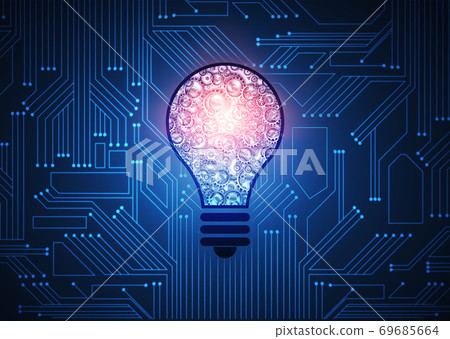 Lightbulb With Gears Mechanism Over Blue Computer Microcircuit Background, Illustration 69685664