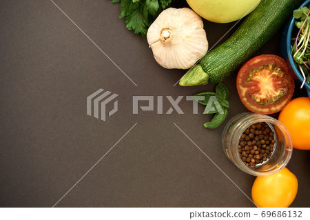 Vegetables dark background with copy space. Healthy meal. Menu, price background 69686132