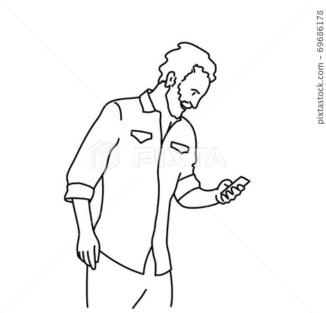Man with beard using phone on white background 69686178