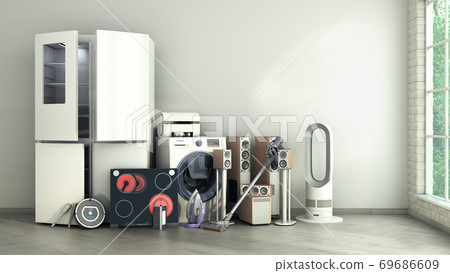 Modern home appliances in empty room commerce or online shopping Modern home appliances in empty room commerce or online shopping 69686609