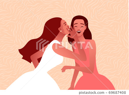 Gossip vector illustration. One excited girl whispers secret to girlfriend. 69687408