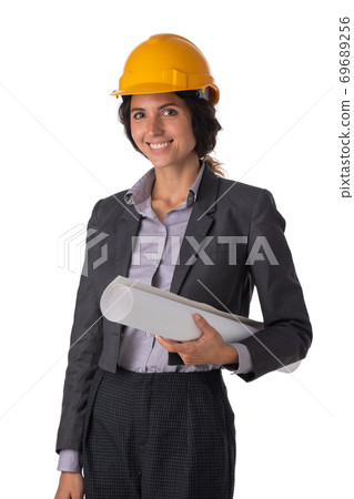 Architect in hardhat with blueprints Architect in hardhat with blueprints 69689256