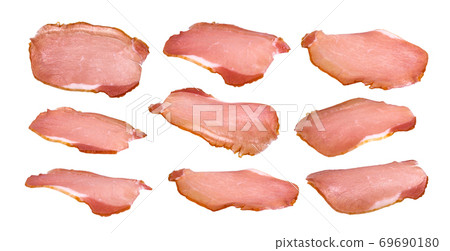 Sliced bacon isolated on a white background. Meat set. Sliced bacon isolated on a white background. Meat set. 69690180