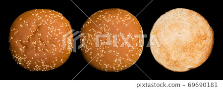 Set of burger bun isolated on black background. View from above Set of burger bun isolated on black background. View from above 69690181