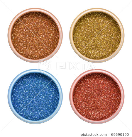 Jar with golden, bronze, blue, red dry sparkles. Shiny powder, glitter. Jar with golden, bronze, blue, red dry sparkles. Shiny powder, glitter. 69690190