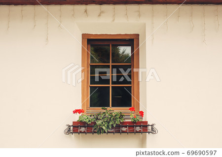 Cozy window with pots with red blossoming flowers in pink beige wall 69690597
