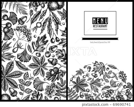 Menu cover design with black and white fern, dog rose, rowan, ginkgo, maple, oak, horse chestnut Menu cover design with black and white fern, dog rose, rowan, ginkgo, maple, oak, horse chestnut 69690741