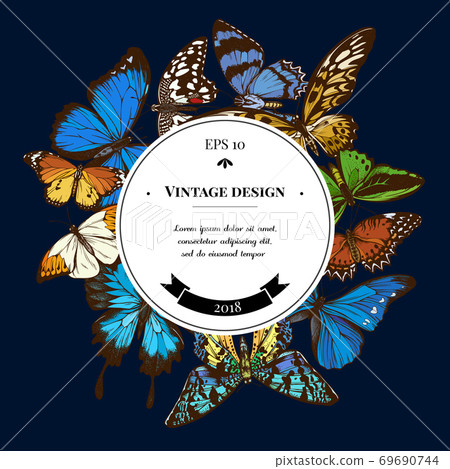 Badge over design with red lacewing, african giant swallowtail, alcides agathyrsus, common green 69690744