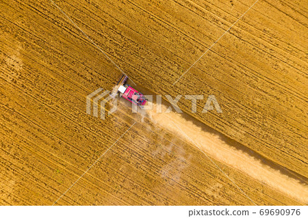 Top view of combine on harvest field Top view of combine on harvest field 69690976