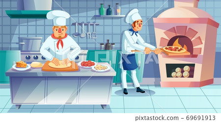 Restaurant team engaged in pizza making process 69691913