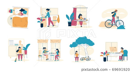 Schoolgirl everyday schedule, daily life scene set 69691920