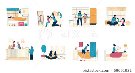 Happy mother daughter pastime at home scene set 69691921