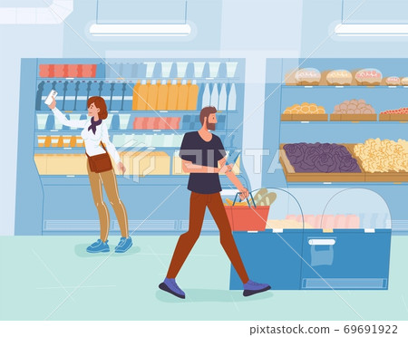 People using smartphone purchasing at grocery store 69691922