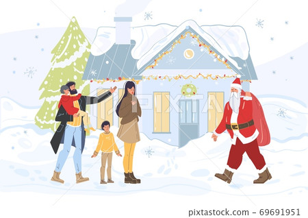 Happy family meeting santa claus at house yard Happy family meeting santa claus at house yard 69691951