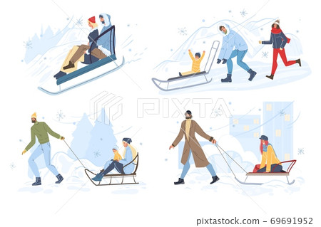 Happy people sledding have winter fun outdoor set Happy people sledding have winter fun outdoor set 69691952