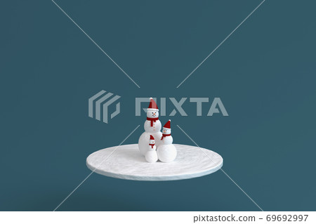 Snowman family with scarf and hat in blue colors. Christmas snow symbol. Minimal 3d render 69692997
