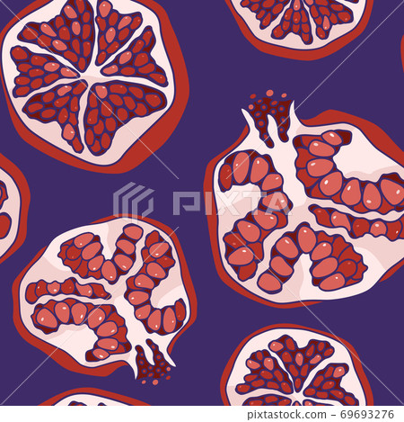 Pomegranate slices seamless pattern on violet backdrop stock vector illustration Pomegranate slices seamless pattern on violet backdrop stock vector illustration 69693276