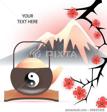 Japanese teapot and sakura tree 69693308