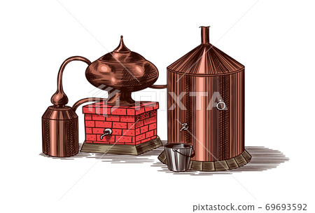 Distilled alcohol. Device for preparing tequila, cognac and spirits. Engraved hand drawn vintage 69693592