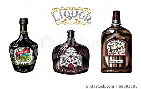 Liquor in a glass bottle. Alcoholic beverage or strong drink. Dessert wine and Retro label. Engraved 69693593