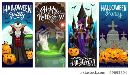 Halloween pumpkins, witch, ghosts. Party banners Halloween pumpkins, witch, ghosts. Party banners 69693804