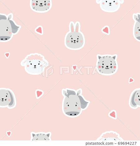 Seamless patterns. Cute animal stickers - dog, hare and sheep, cat and horse on a pink background with hearts. For design, textile, packaging and wallpaper. Vector illustration 69694227