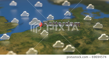 Rotterdam city and cloudy weather icon on the map, weather forecast related 3D rendering Rotterdam city and cloudy weather icon on the map, weather forecast related 3D rendering 69694574