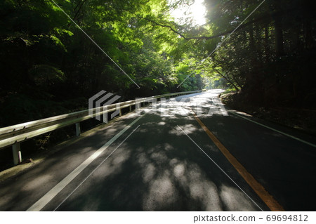 一條山路，在清晨的陽光下樹影落下 69694812