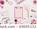 Woman office desk mockup with clipboard flat lay 69695132