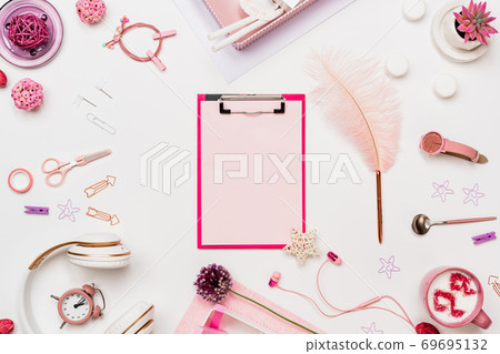 Flat Lay Womens Office Deskmockup With Clipboard Keyboard Office Accessories  Notebooks Pen Cup Of Coffee Pink Peonies On White Background Top View Copy  Space Stock Photo - Download Image Now - iStock