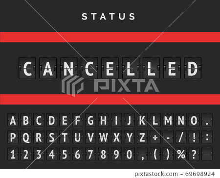 Airport flip scoreboard announcing warning due to cancelled departures because of covid-19. Vector Status board of flights that detained 69698924