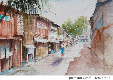 金澤東茶屋街水彩山水畫 69699387